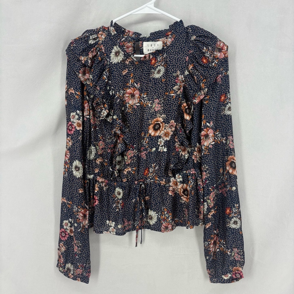 NEW Lost + Wander Navy Floral Ruffle Long Sleeve Blouse Size Medium NWT $105
